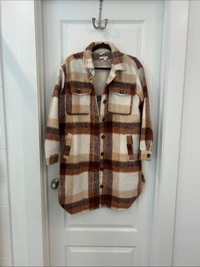Maurices Plaid Teddy Shacket in Cream, Tan and Brown